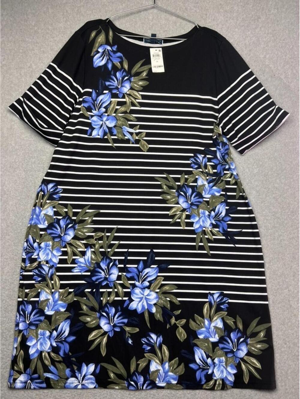 Karen Scott Sport Shirt Dress plus 3X Floral Lily Stripe Coastal Cruisewear NWT